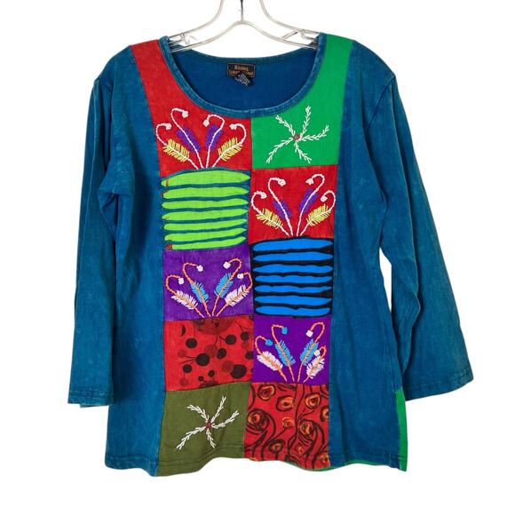 Rising International Sz L 3/4 Sleeve Patchwork Colorblock Distressed Top Nepal - Picture 1 of 16